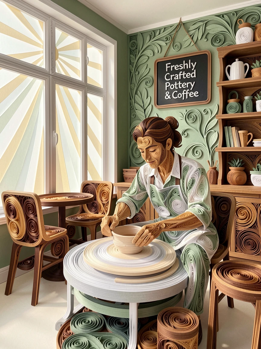 A relaxed modern lifestyle scene of a potter shaping clay on a spinning wheel in a cozy neighborhood café, in a fresh palette of white, sage green, and warm wood tones, framed with warm natural light streaming in.
