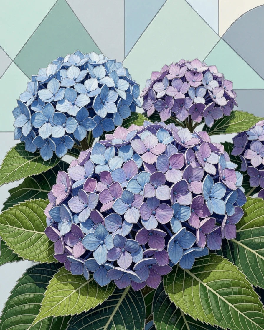 A close-up macro view of a hydrangea bush covered in blue and purple flower clusters, showing intricate petal texture and delicate detail.