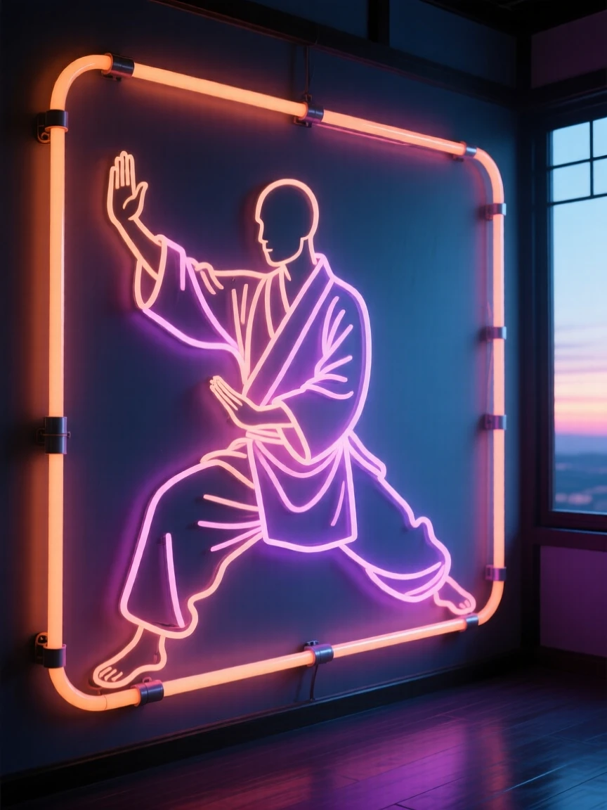 A martial artist practicing a form in a quiet dojo at dawn.