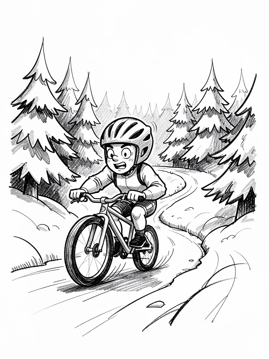 A cyclist racing down a winding mountain trail beside a snowy pine forest.