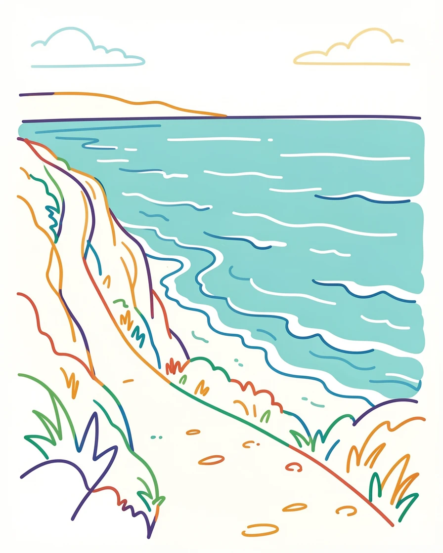 A quiet coastal cliff path overlooking a turquoise ocean bay.