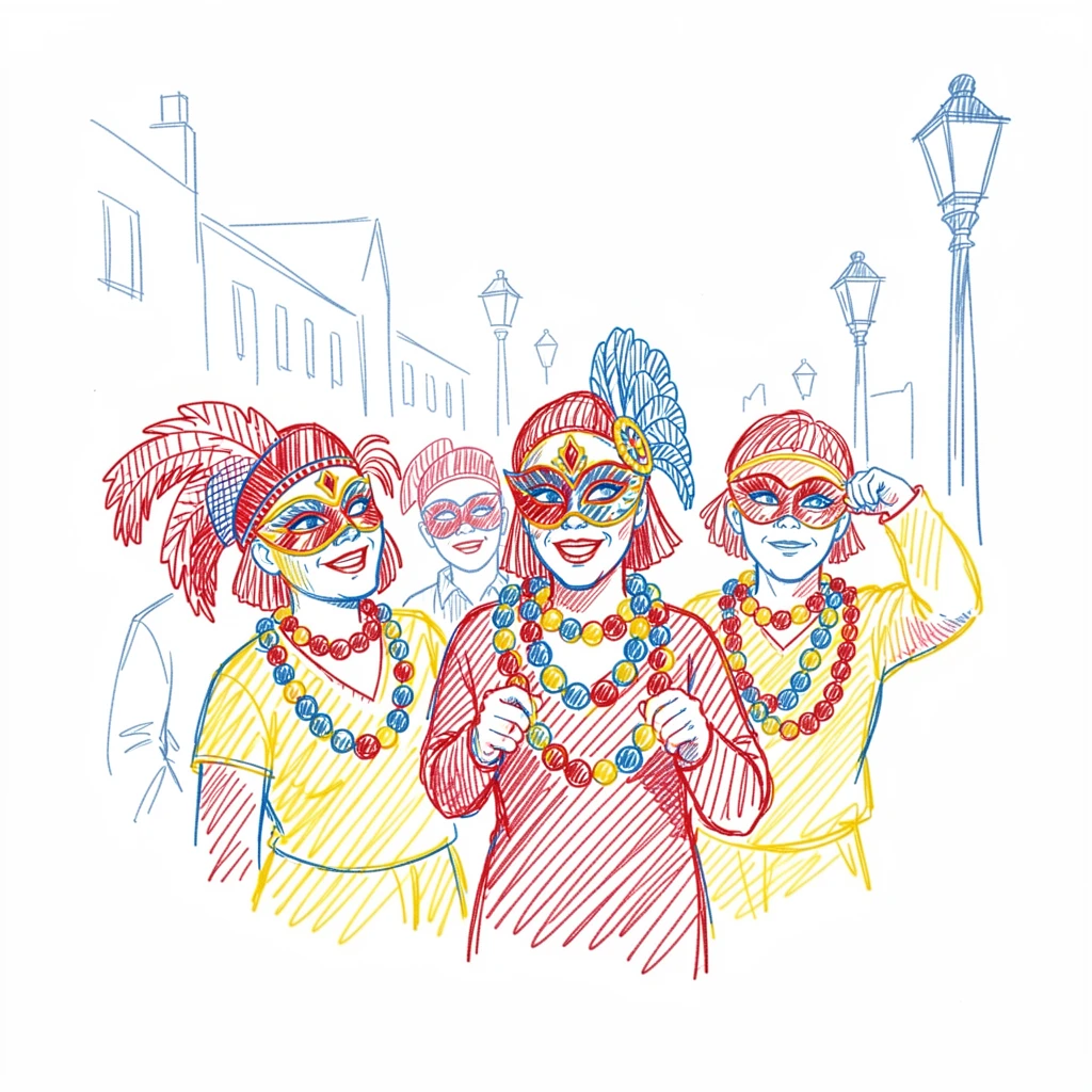A festive Mardi Gras parade with colorful beads and elaborate masks