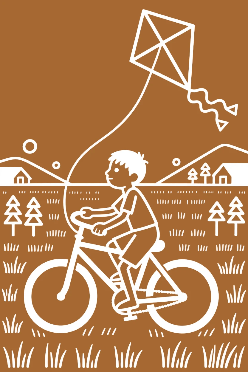 A young boy learning to ride a bicycle flying a homemade kite in an open field.