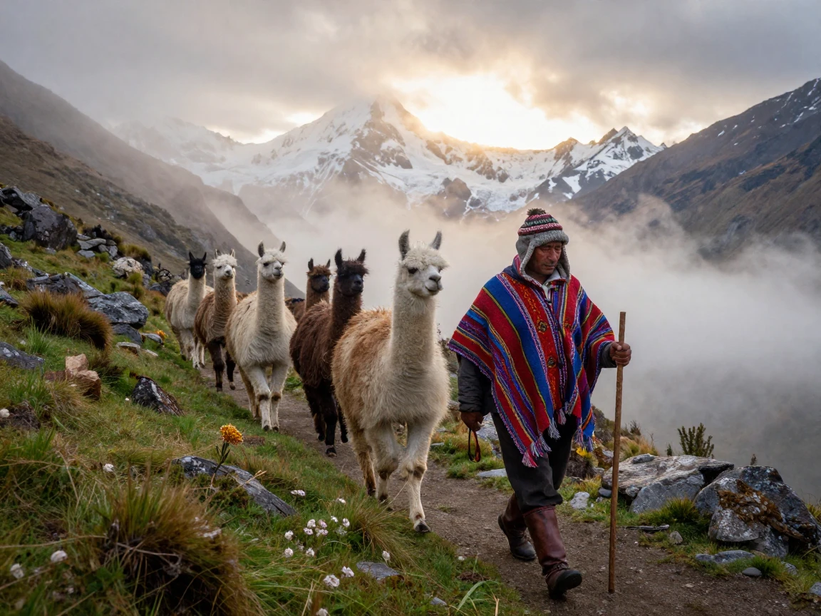 An Andean llama herder walking through misty mountain terrain