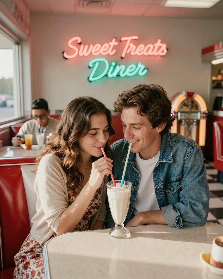 A couple shares one milkshake with two straws at a retro diner booth.