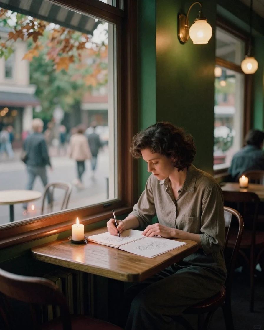 A woman sketching passersby from a café window seat, under flickering candlelight, in still, windless air, as summer fades into fall, with deep emerald greens and browns, viewed from across the room.