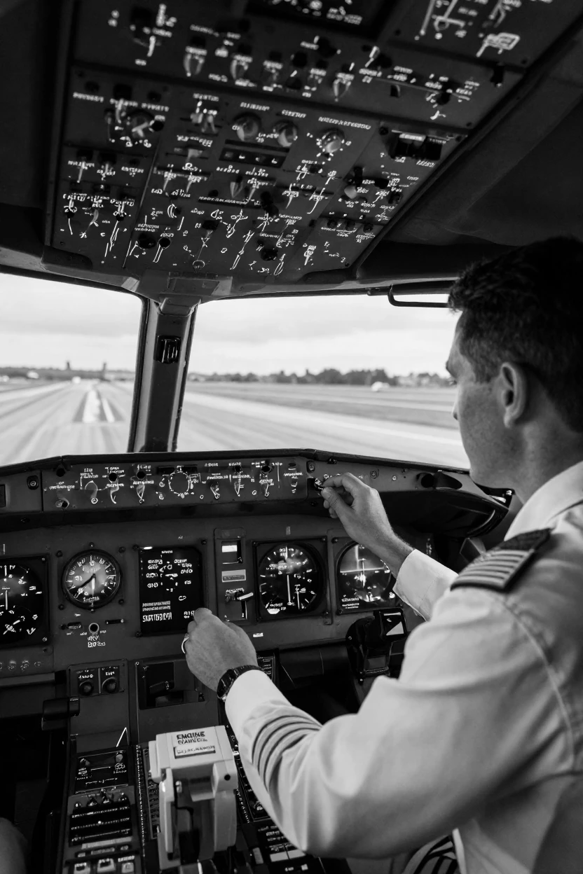 A pilot checks instruments in the cockpit before takeoff on a runway.