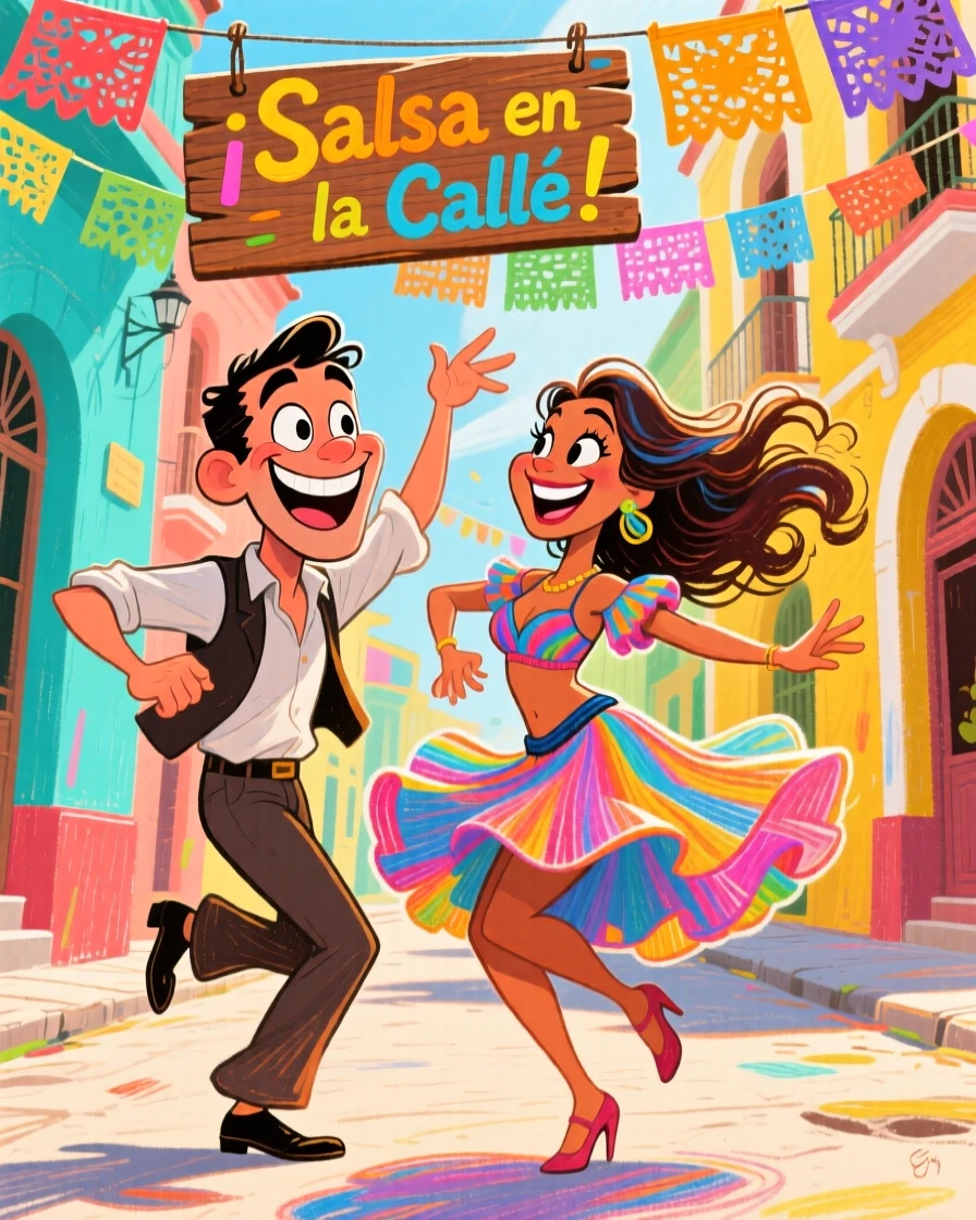 Traditional Cuban dancers performing an energetic salsa in a colorful street.