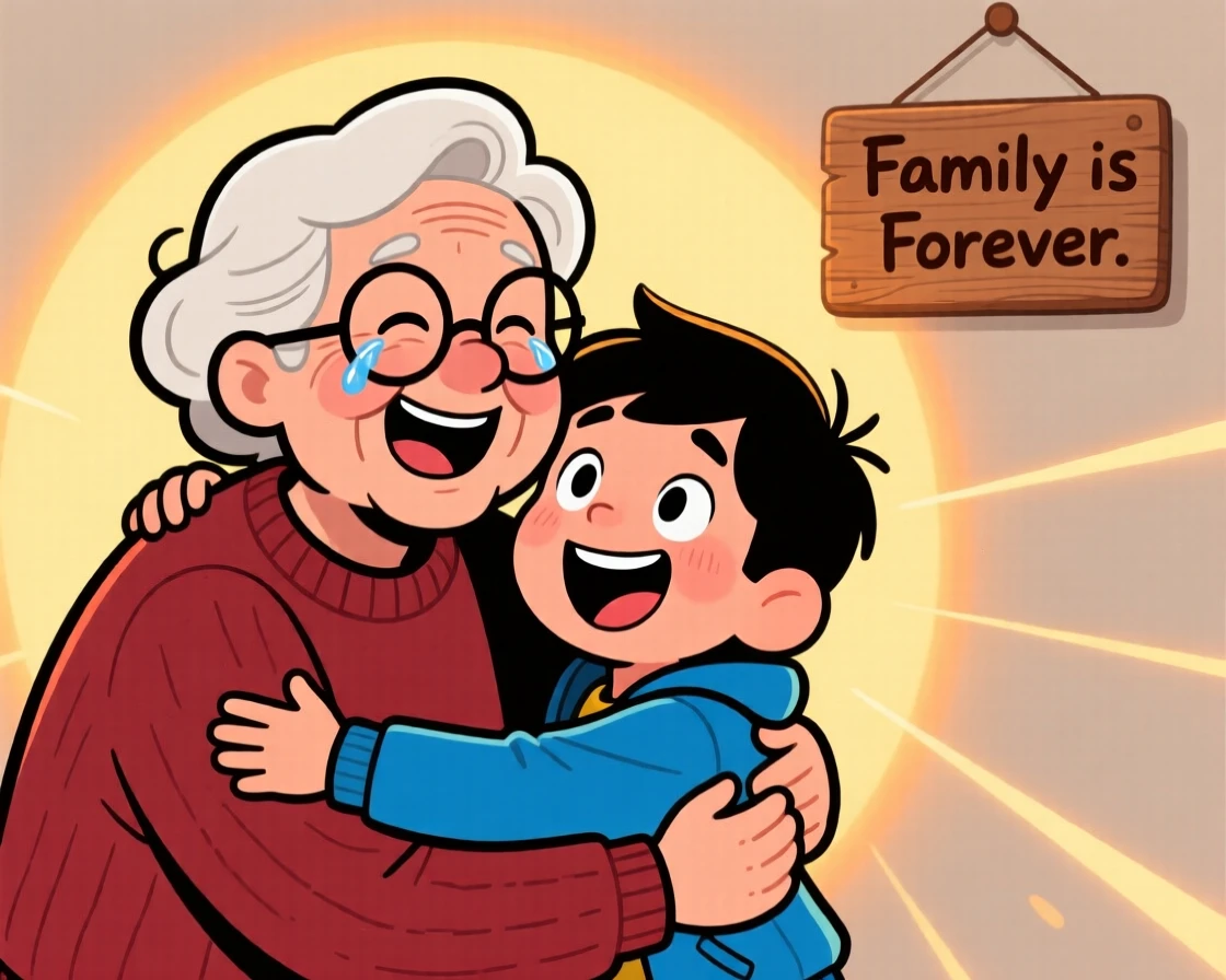 A heartwarming moment depicting a proud grandparent reuniting after years apart, as warm light glows softly around them.