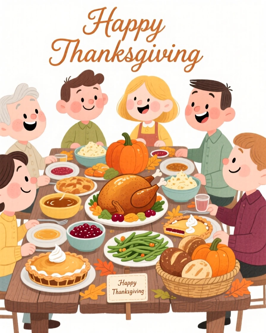 A joyful celebration scene of a Thanksgiving table piled high with autumn harvest dishes, radiating cozy holiday cheer
