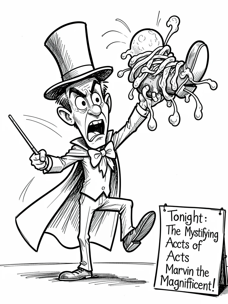 [Funny & Exaggerated Situations] Comical scene of a dramatic amateur magician getting a shoe stuck in bubblegum, exaggerated for maximum laughs