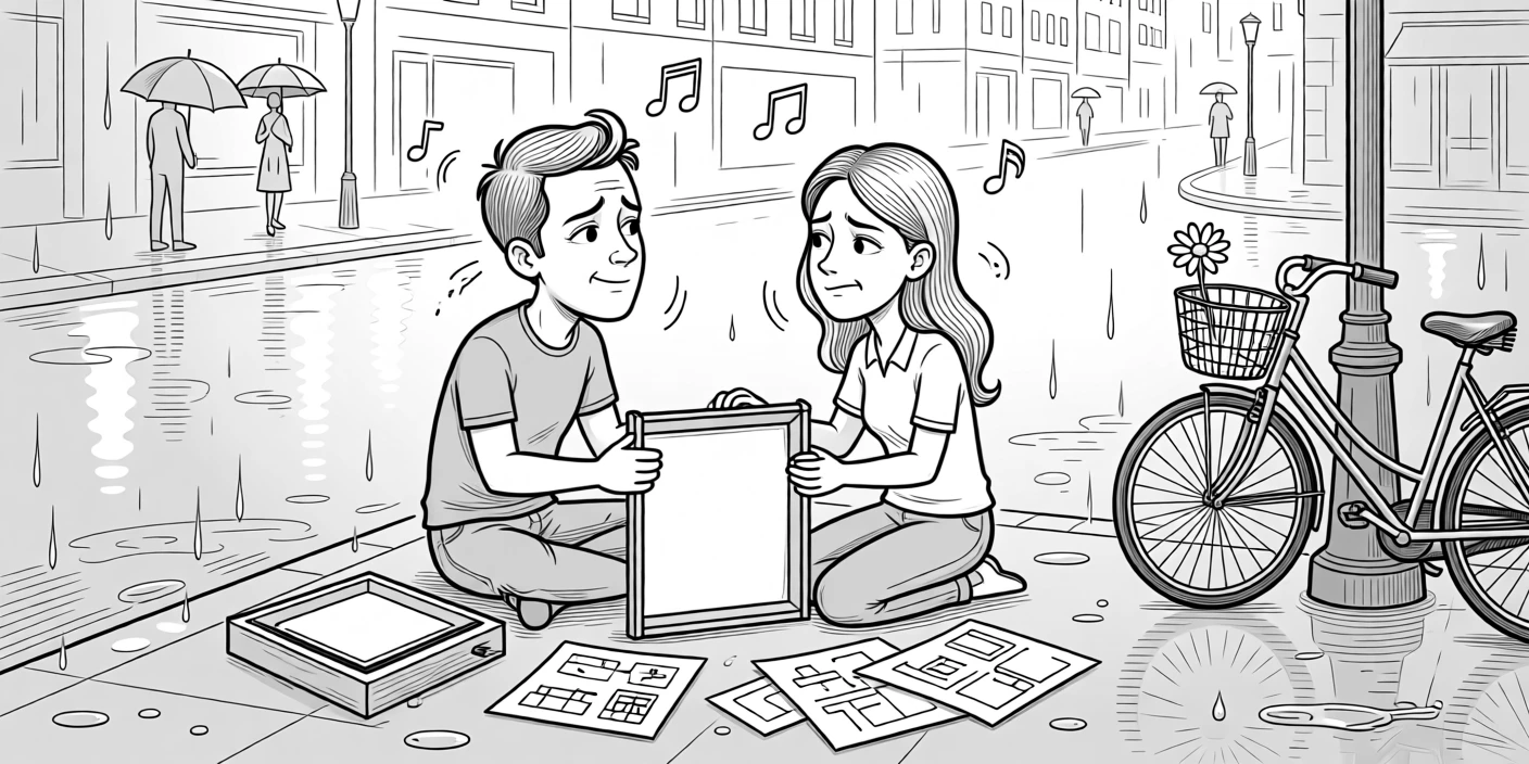 A couple trying to assemble furniture from confusing instructions, bobbing heads slightly out of sync with the music, set on a busy rain-slicked city street. The bike's basket holds a single, forgotten flower. It captures romance in its most playful, everyday form.