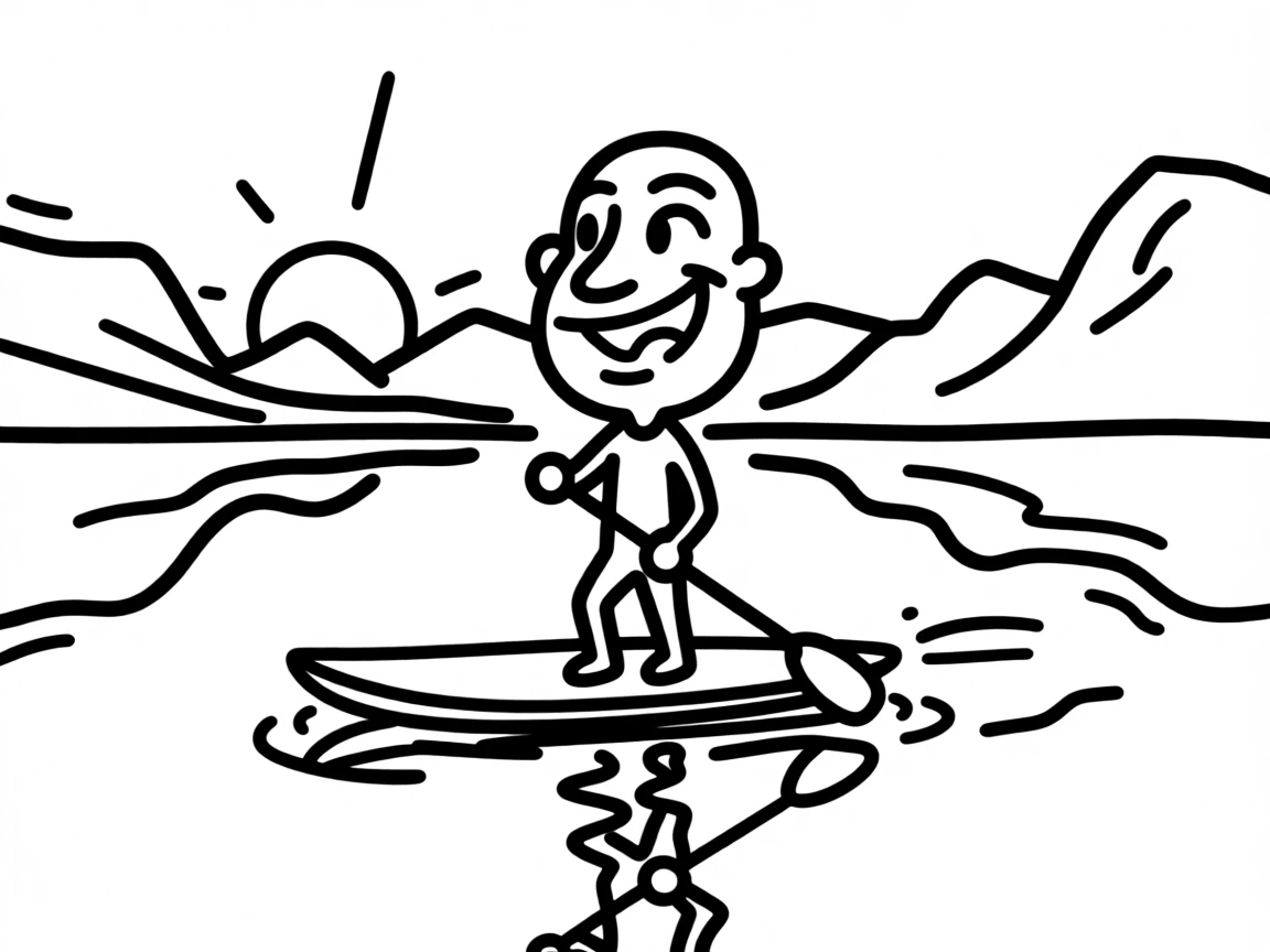 A paddleboarder gliding across a glassy lake at sunrise, mountains reflected in the water.