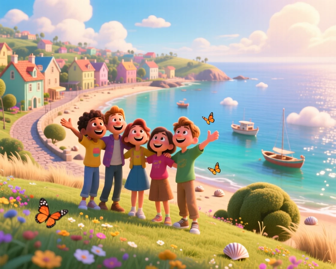 A group of friends laughing together stands atop a hill overlooking a sprawling coastal town, pausing to breathe in the fresh mountain air. A sense of wonder and freedom fills the moment, with small boats bobbing in the distance.