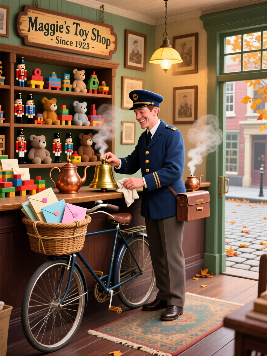 In an old-fashioned toy shop, a mail carrier with a bicycle basket full of letters is busy polishing an old brass bell, as steam curls gently from a nearby teapot.