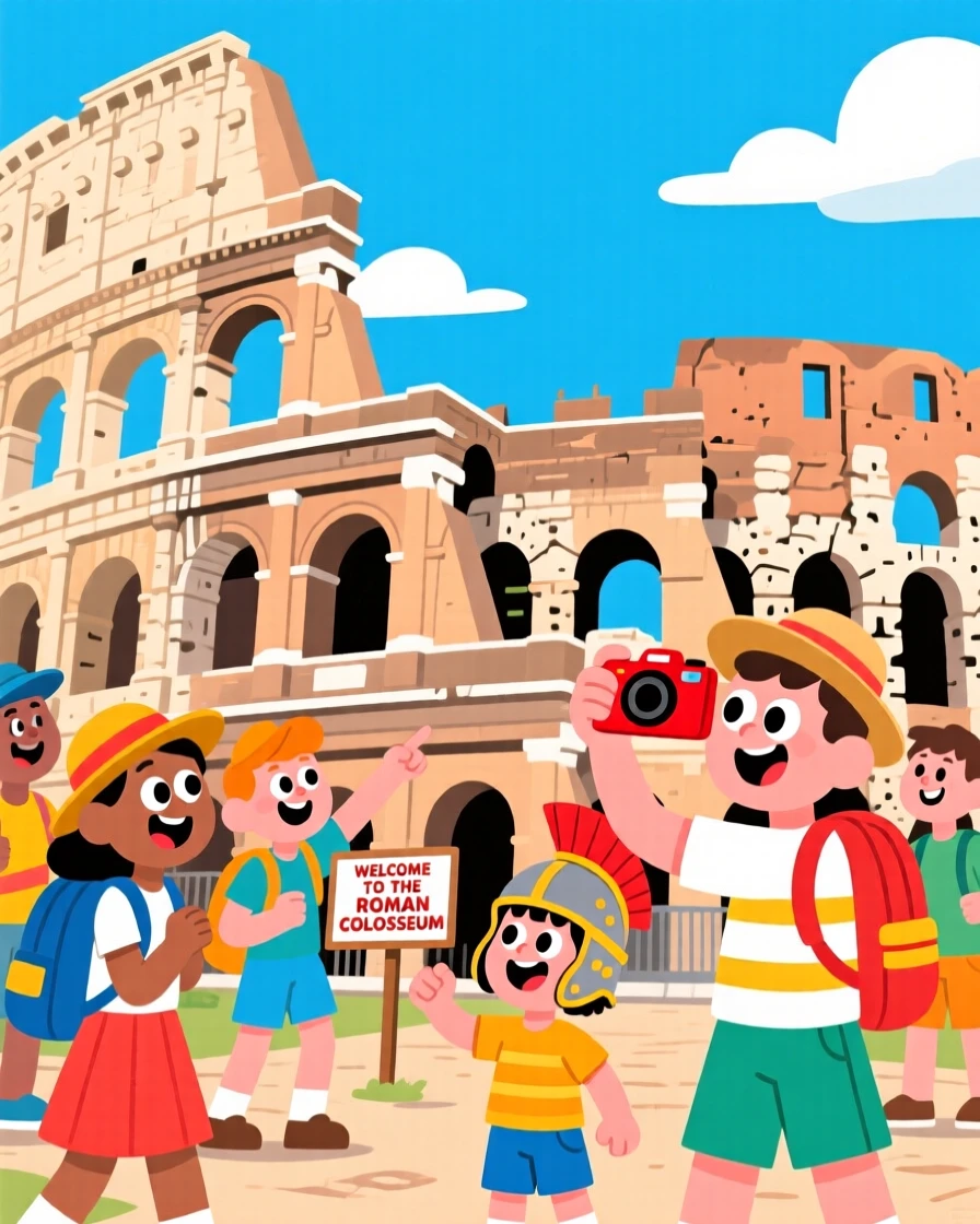 Tourists exploring the arched ruins of the Roman Colosseum.