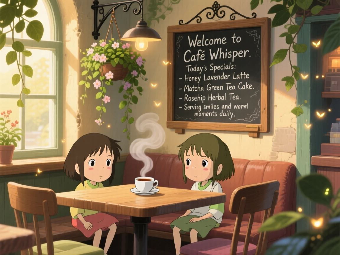 A warm, inviting scene of a cozy café corner with a chalkboard menu and hanging plants, as steam curls gently into the air.