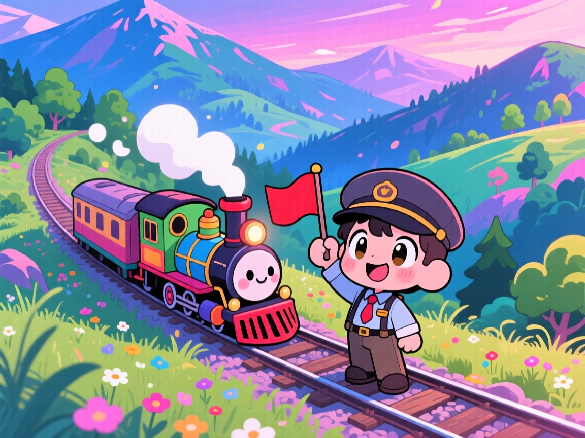 In a scenic mountain railway, a young conductor is waving a flag beside a tiny steam train during a light summer breeze, bathed in neon-lit glow, expression full of eager anticipation. Shot as a high aerial view.