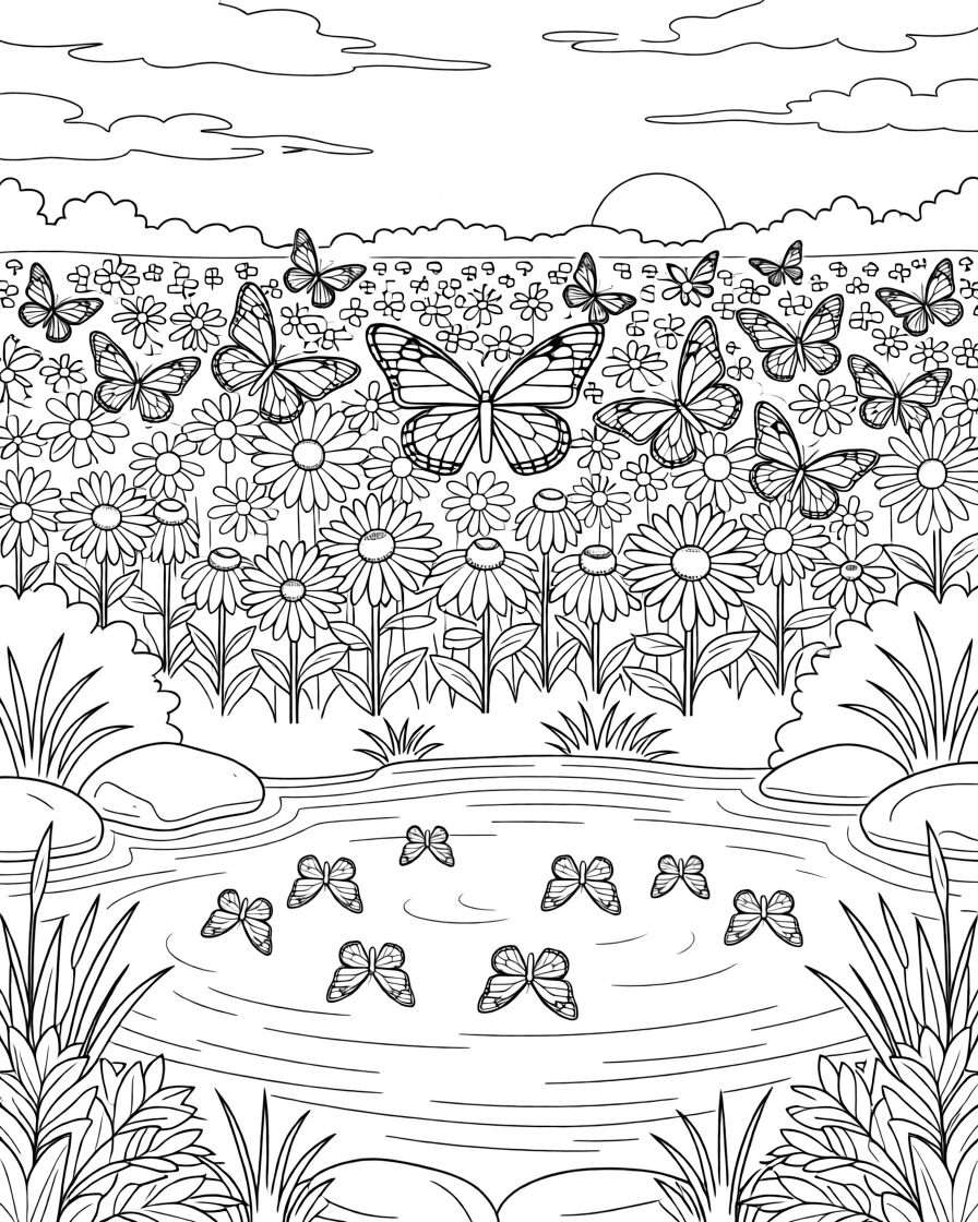 A swarm of monarch butterflies migrating over a flowering field, with its reflection rippling in a still pond.