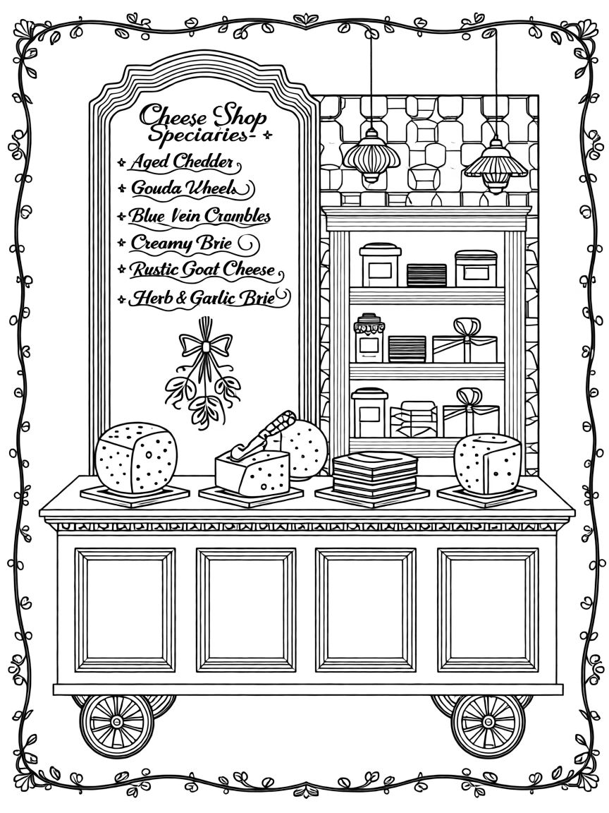A cheese shop counter with wheels, wedges, and a chalkboard menu.