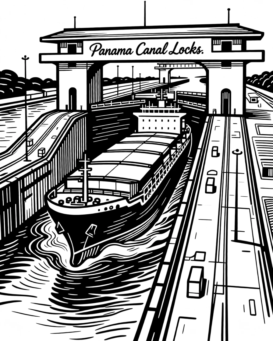 The Panama Canal with a massive ship passing through its locks.