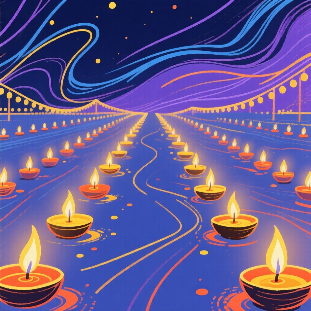 A Diwali celebration with rows of glowing oil lamps at night.