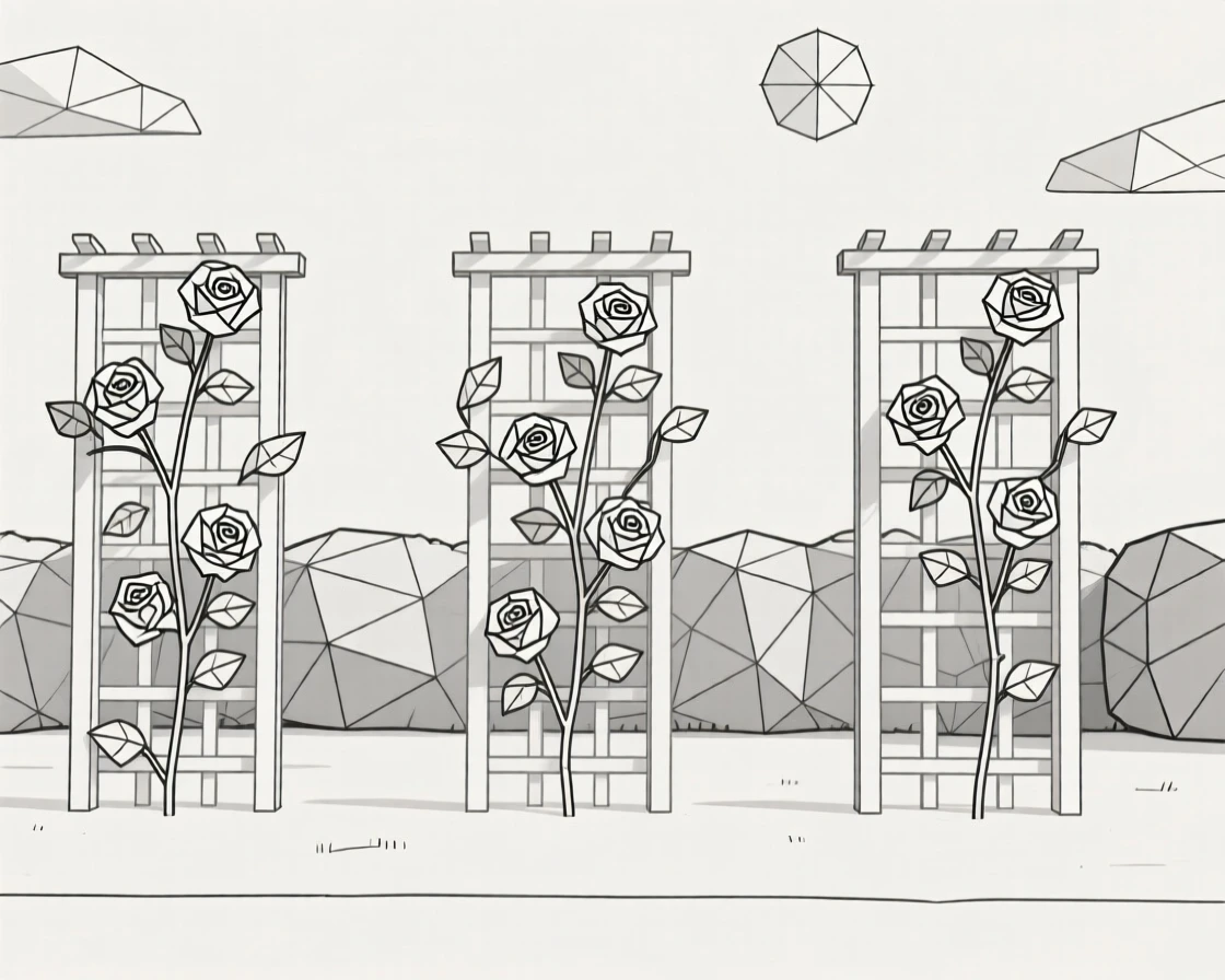 A rose garden with trellises and climbing vines