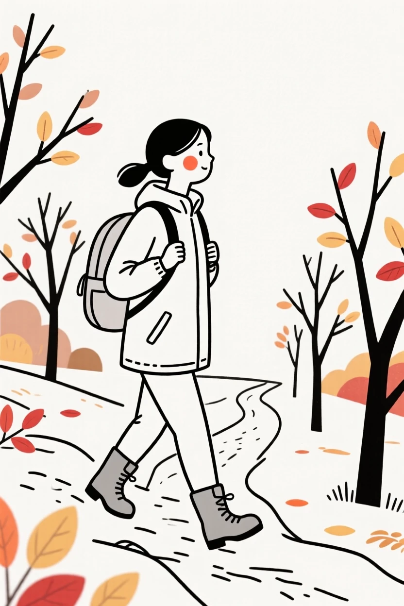 A grown woman of Polish heritage hiking a mountain trail with a backpack, in an autumn orchard.