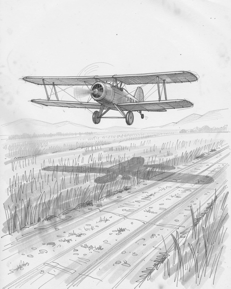 A striking scene of a vintage biplane flying over golden fields on a dusty desert highway, with soft morning fog rolling through the scene.
