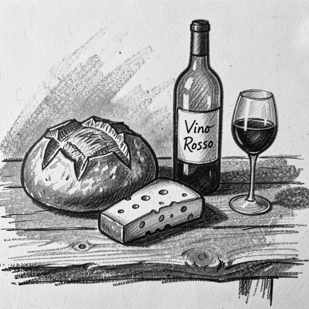 A rustic table spread with fresh bread, cheese, and wine, in a moment of quiet togetherness.