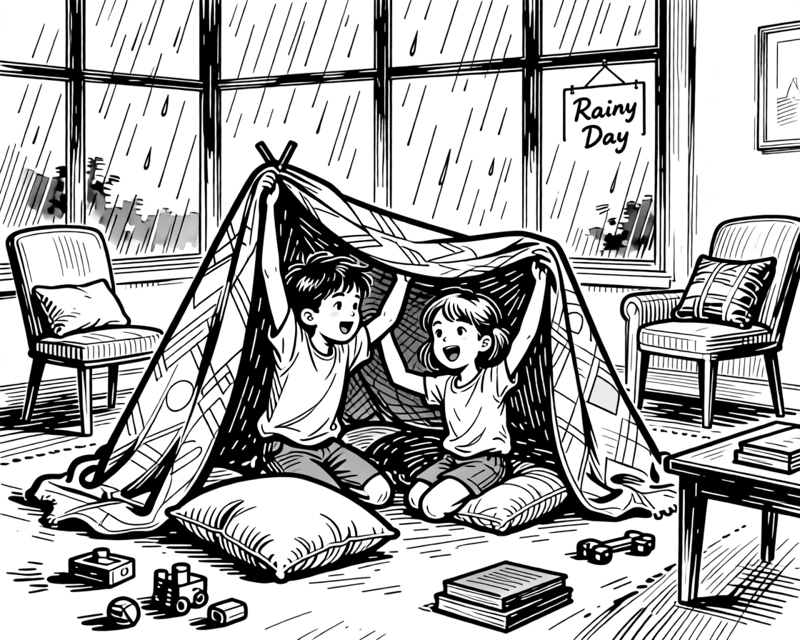 Children building a blanket fort in the living room on a rainy day.