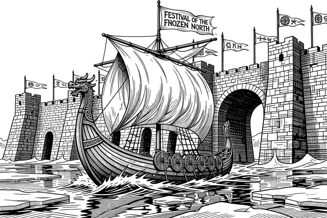 A viking longship cutting through icy waters surrounded by ancient stone architecture, with banners and flags marking the occasion, portrayed in a deeply rooted in tradition historical scene.