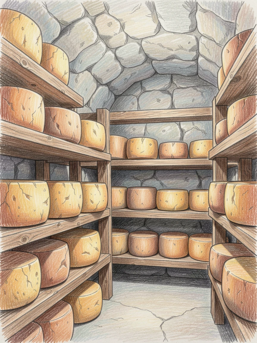 A cheese cave with wheels of aged cheese stacked on wooden shelves, captured in a quiet, intimate moment full of atmosphere, full of charm, emotion, and visual delight.