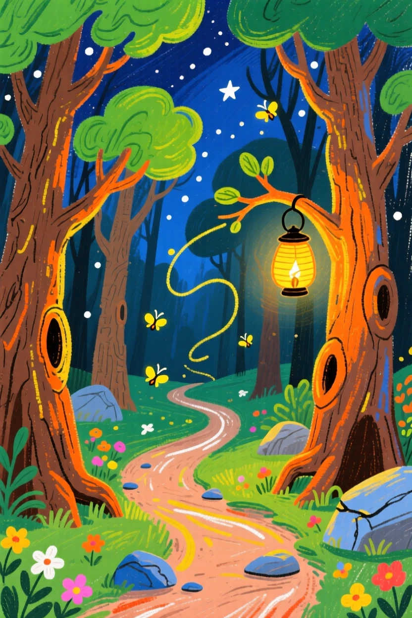 A magical forest path lined with glowing lanterns and fireflies.