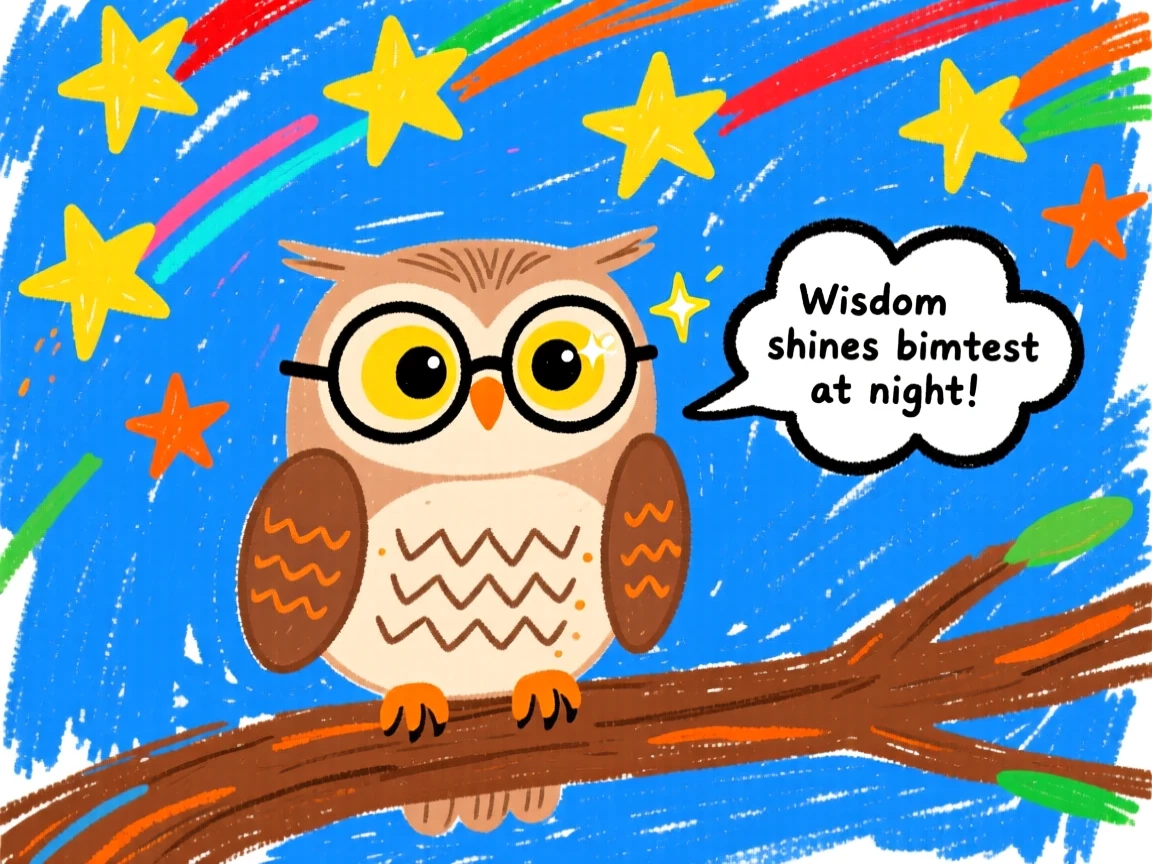 A wise talking owl wearing round spectacles beneath a sky full of shooting stars.