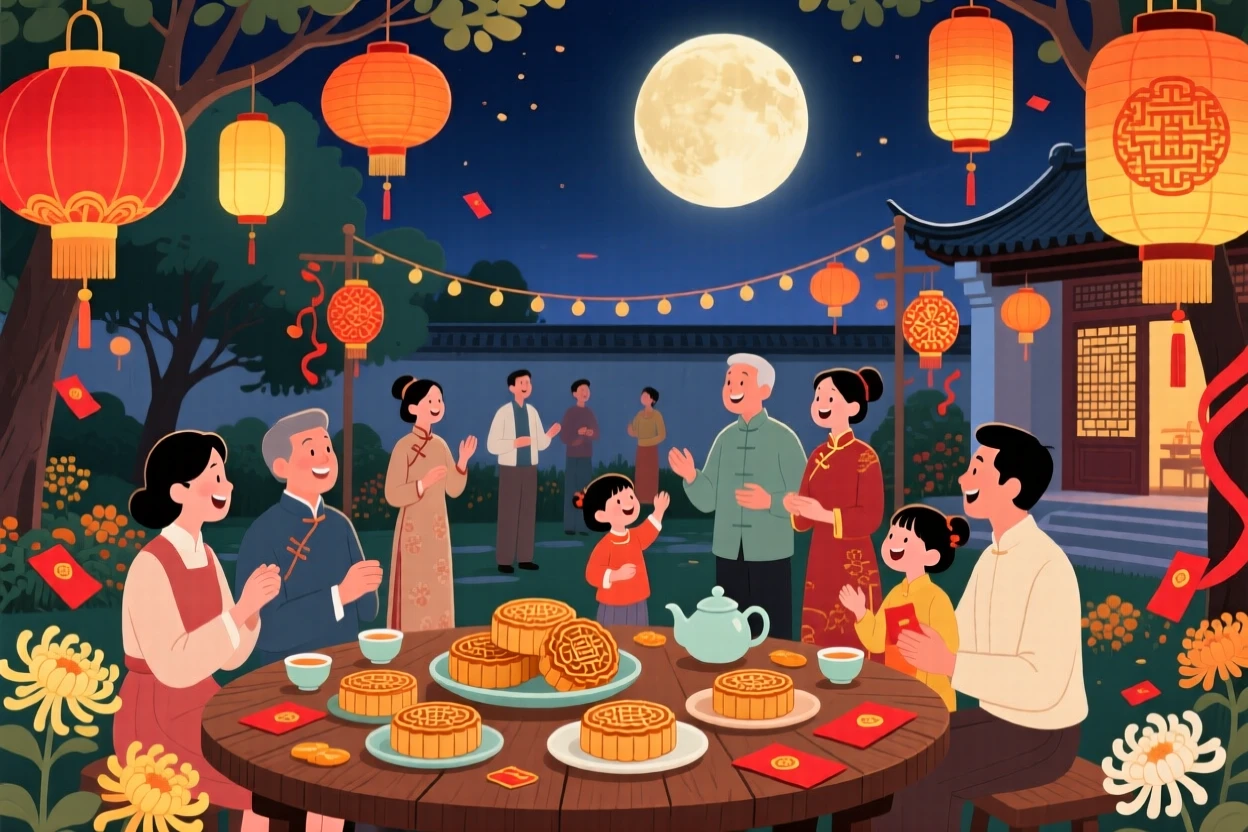 A festive harvest moon celebration with lanterns and mooncakes, set within a beautifully decorated outdoor venue, framed to highlight the excitement of the special occasion, with a joyful sense of togetherness and celebration.