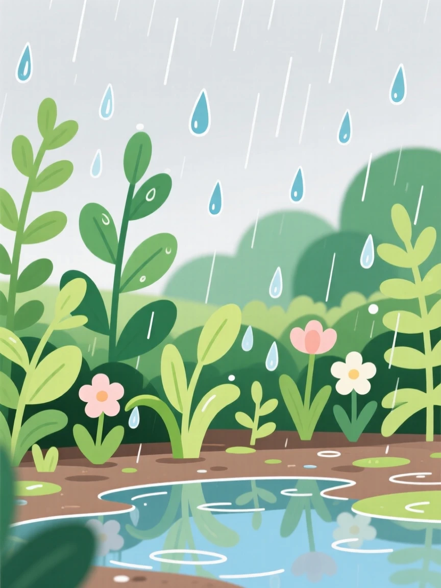 A springtime rain shower over a garden bursting with fresh green growth.