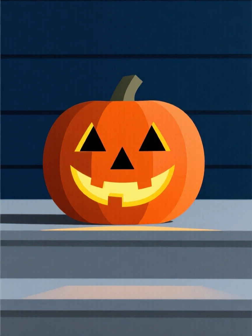 A carved pumpkin glowing on a porch step