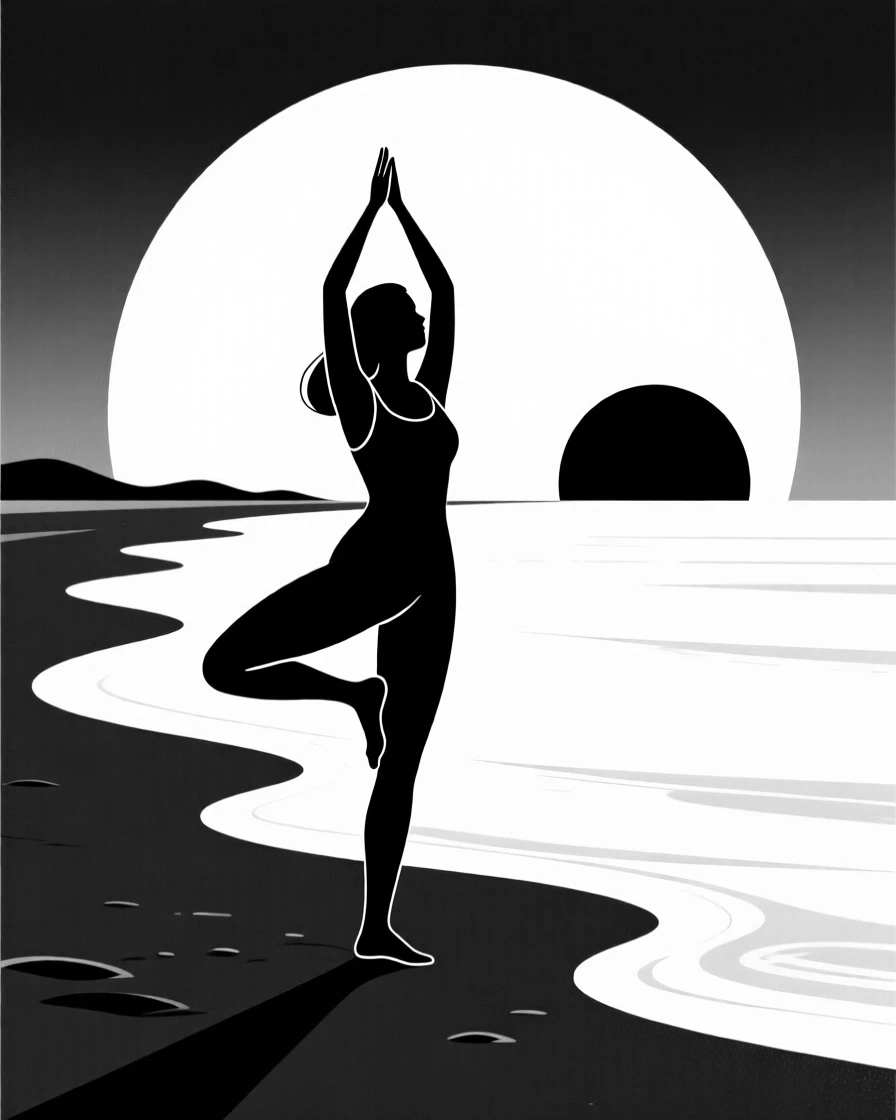A woman practicing yoga on a quiet beach at sunrise.