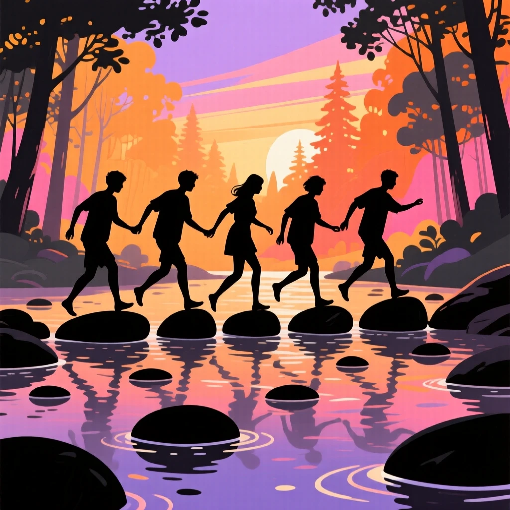 A group of friends crossing a shallow stream on stepping stones during a hike.