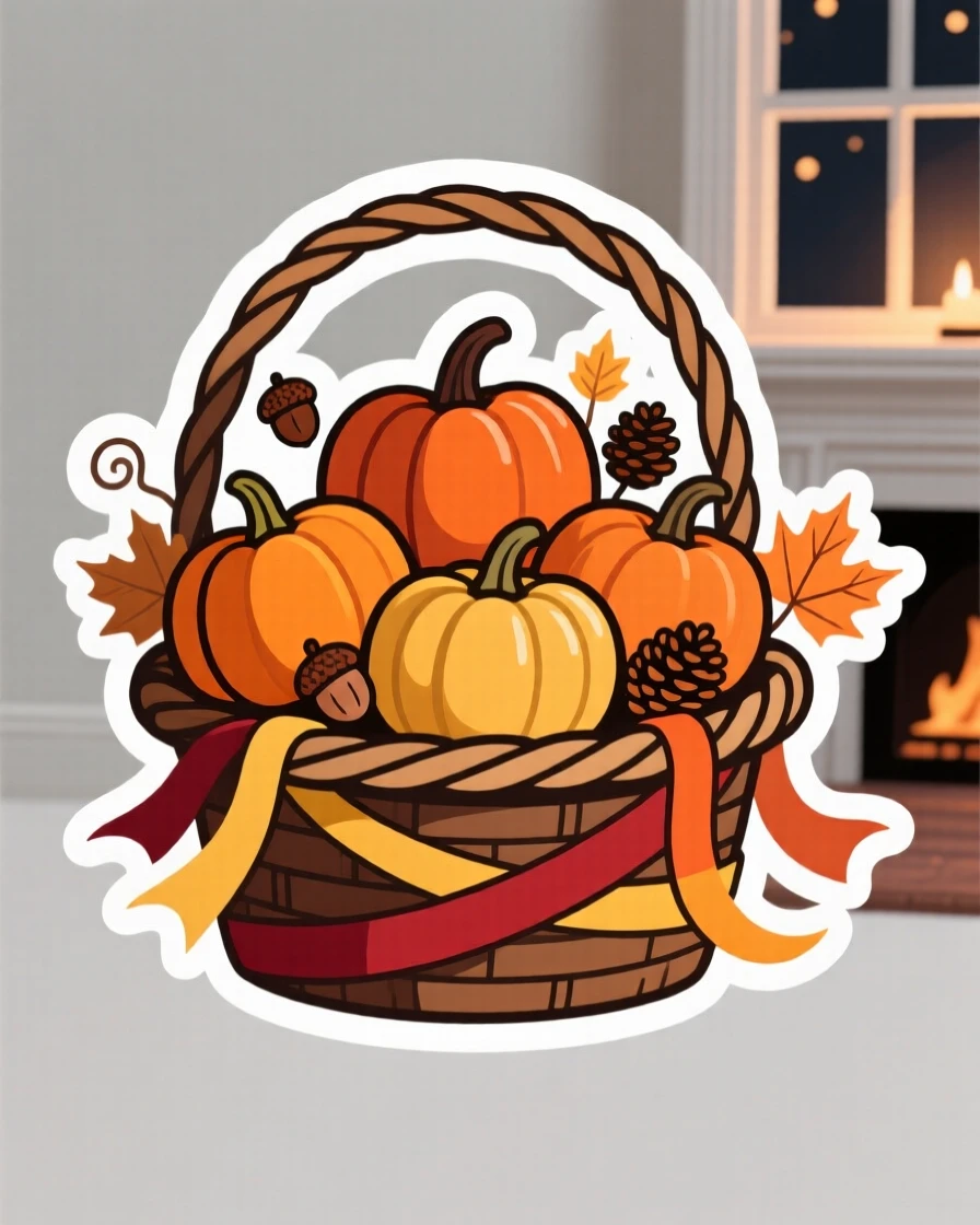 A delightfully whimsical basket of freshly picked autumn pumpkins, decorated with ribbons and small ornaments, on a cozy holiday evening at home.