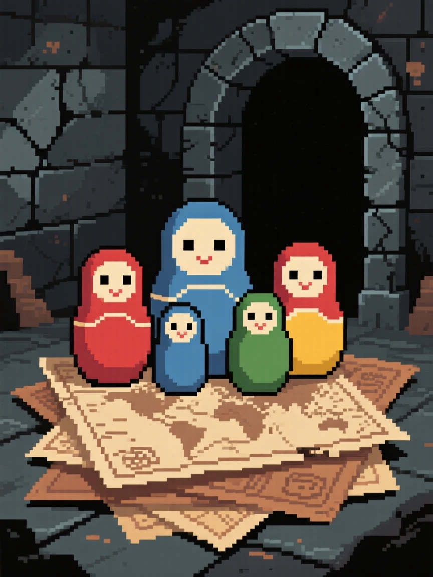 A set of nesting dolls each with a different face resting on a pile of old maps, within an ancient hidden vault.