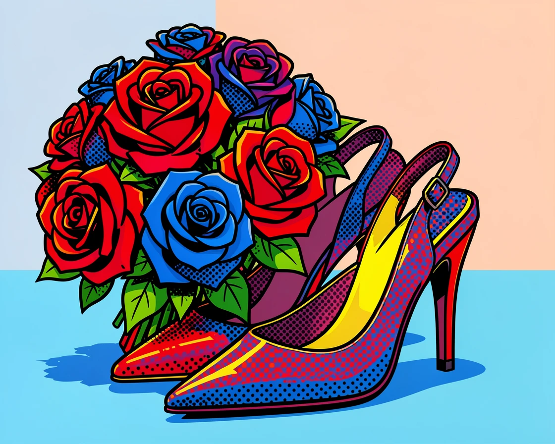 Designer high heels beside a bouquet of roses