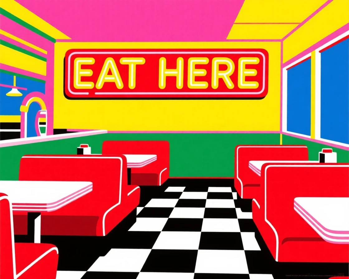 Classic 1950s diner with checkered floors and red booths