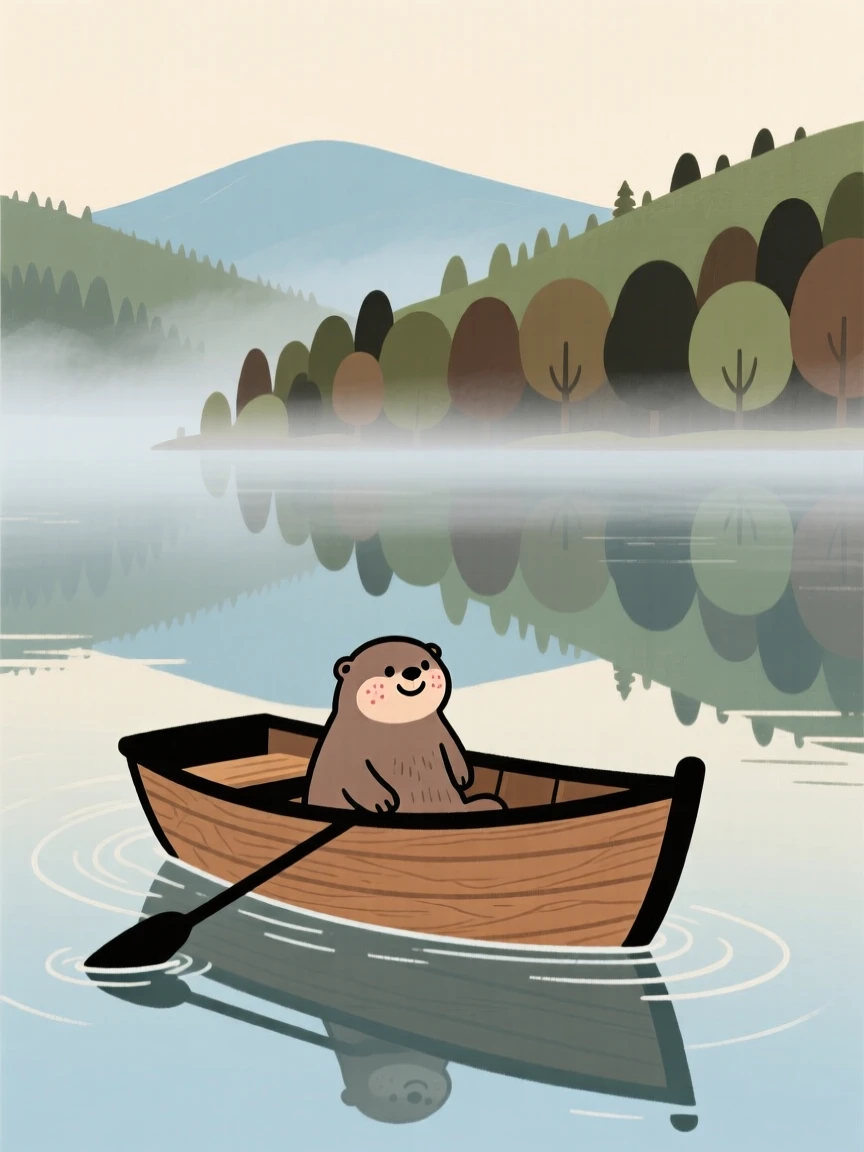 A lone small wooden rowboat drifts across a calm bay as soft morning mist stretches across the surface and forested hills rise in the distance.