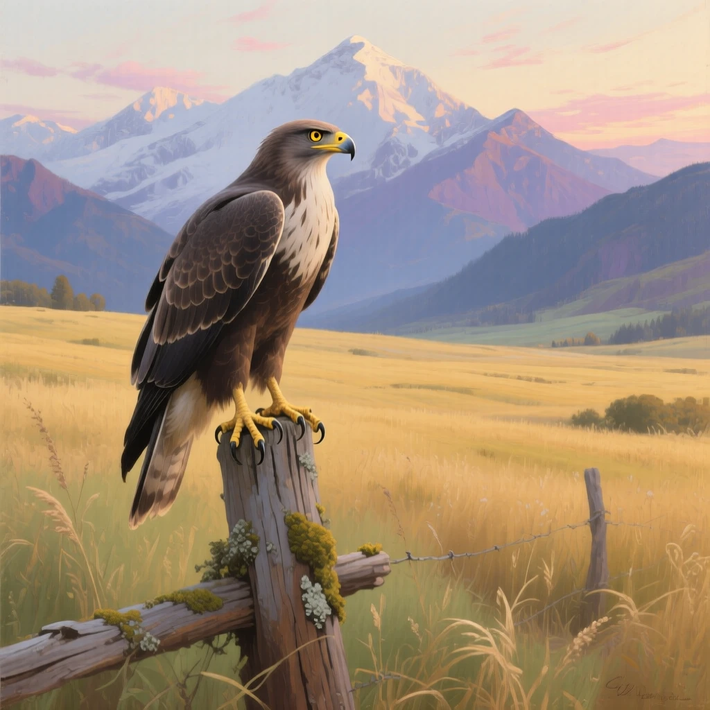 A broad landscape view of a hawk perched on a fence post surveying a golden field, at dawn, in the Himalayas.