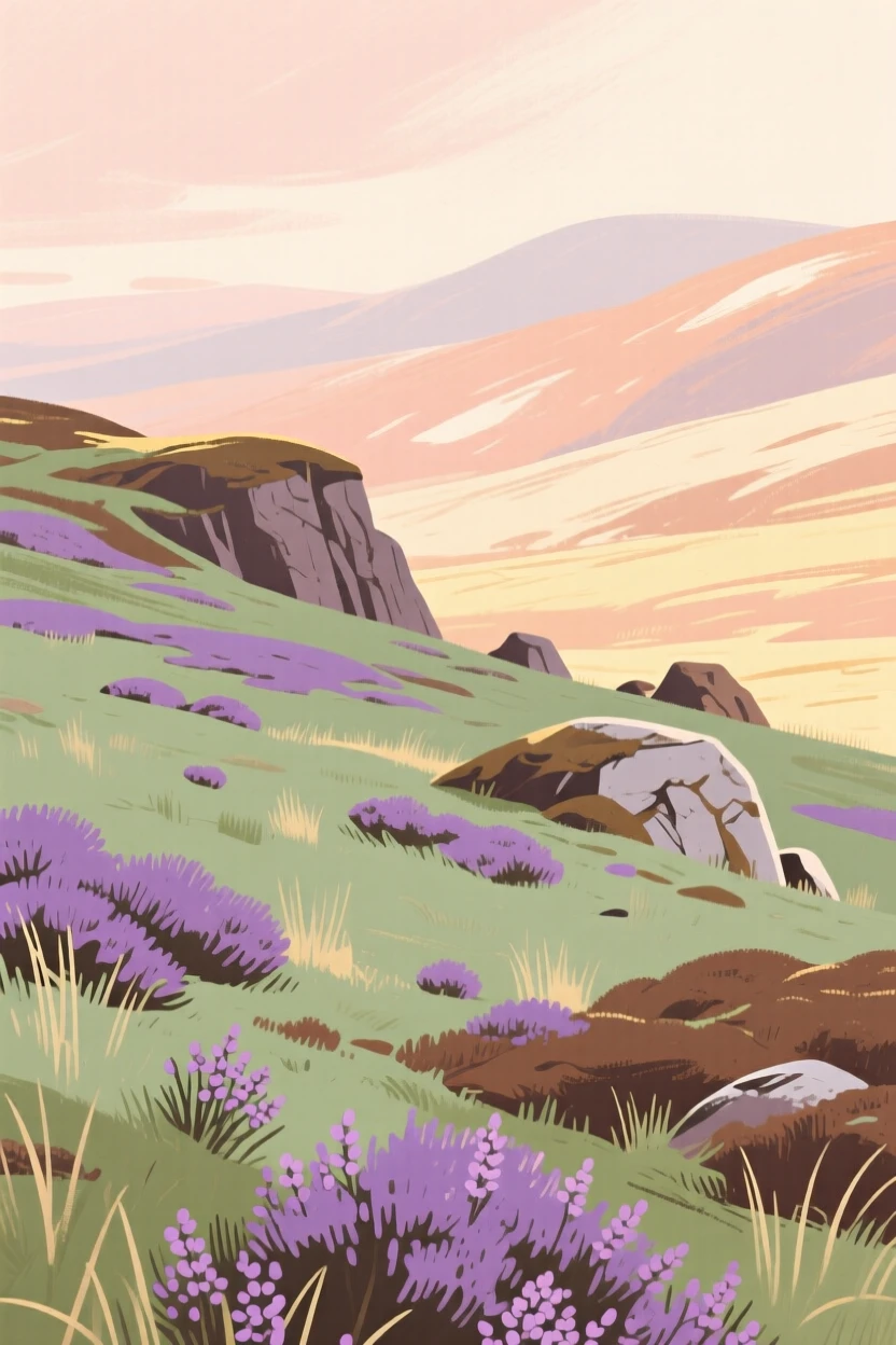 A rugged highland moor covered in purple heather
