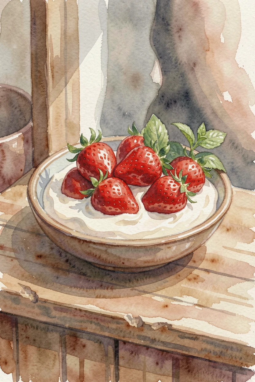 A bowl of fresh strawberries and cream on a street food stall counter garnished with fresh herbs.