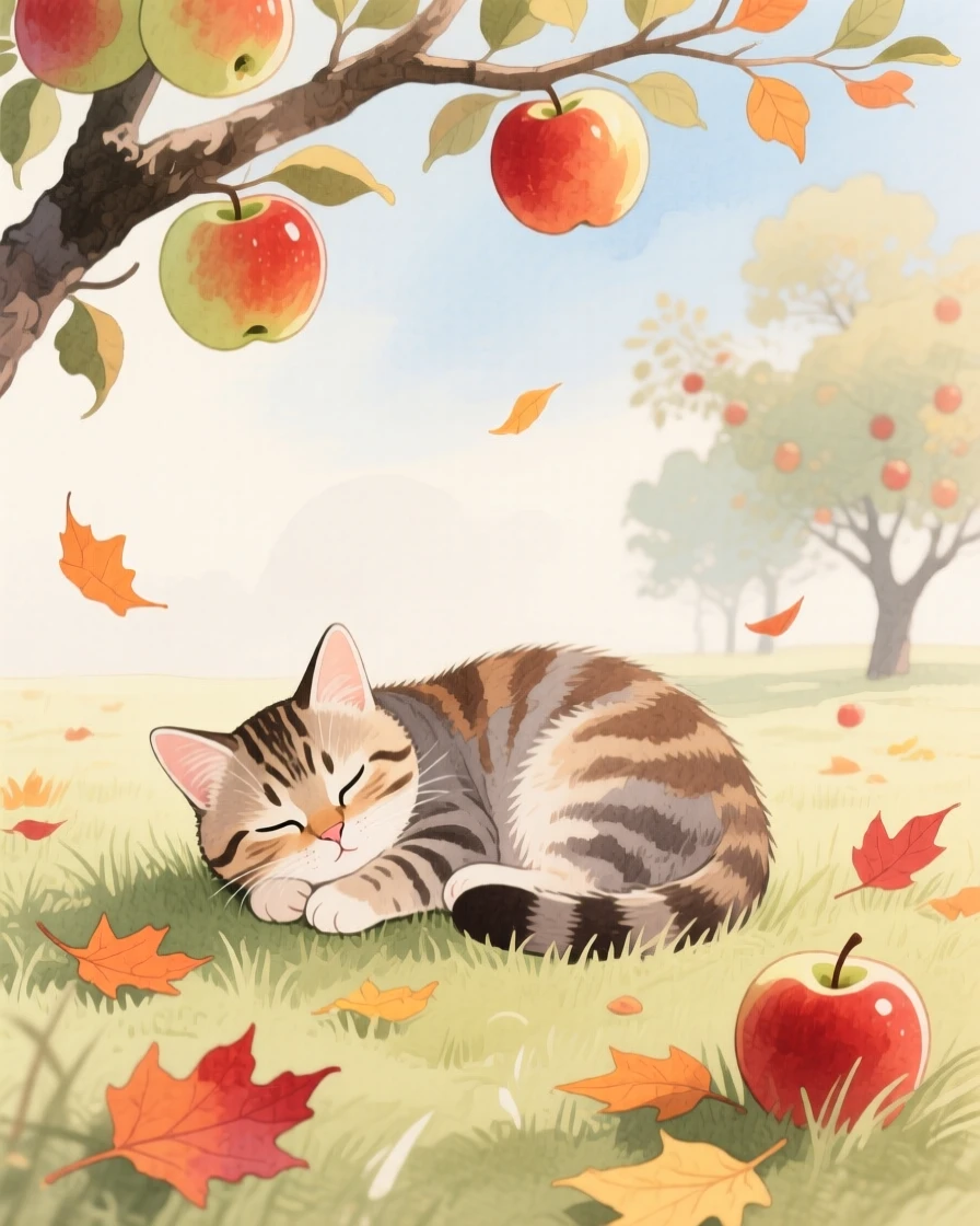 A tabby kitten naps curled up in an orchard heavy with fruit, as autumn leaves swirl around