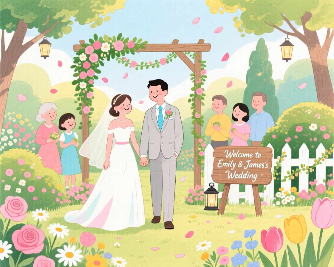 A heartwarming moment showing a wedding celebration in a flower-filled garden.